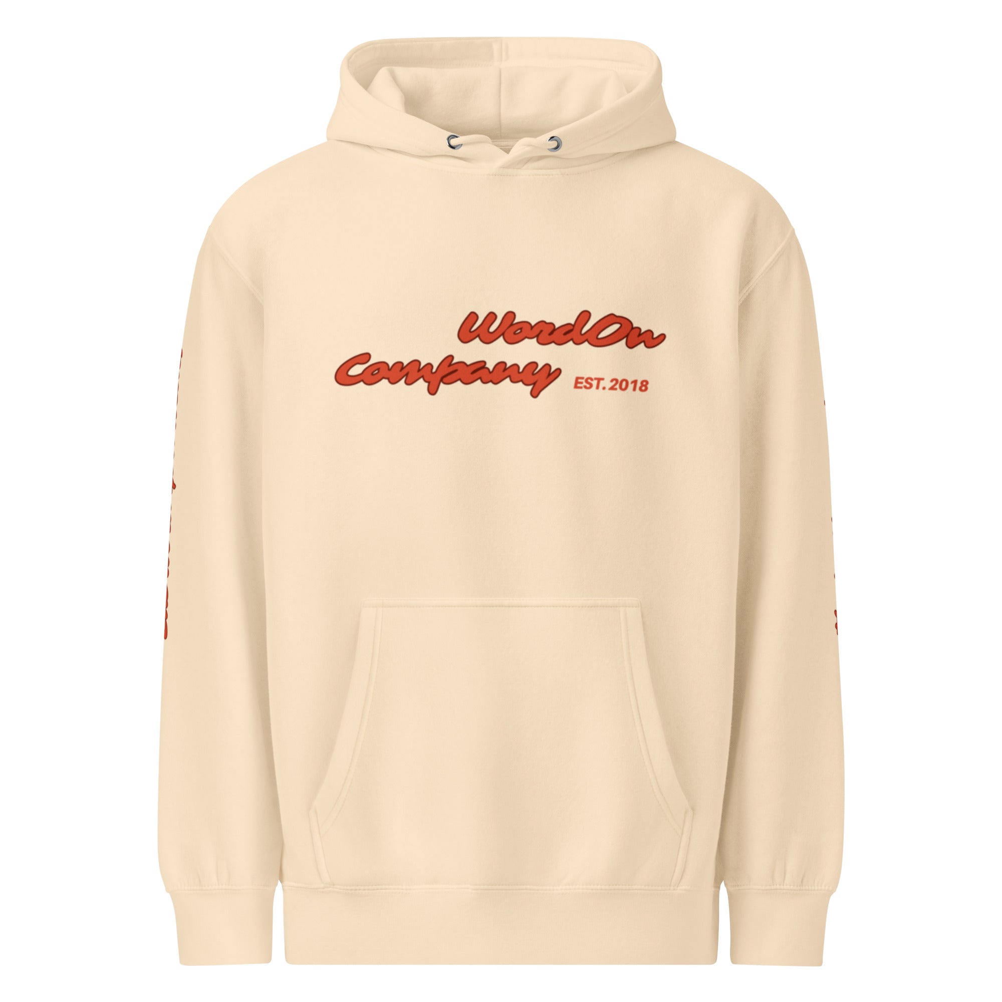 Beige hoodie with red text on a white background Wordoncompany