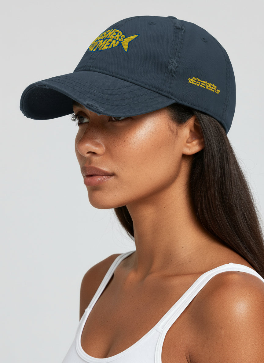 Distressed Navy Blue and Yellow "Fishers of Men" Dad Hat