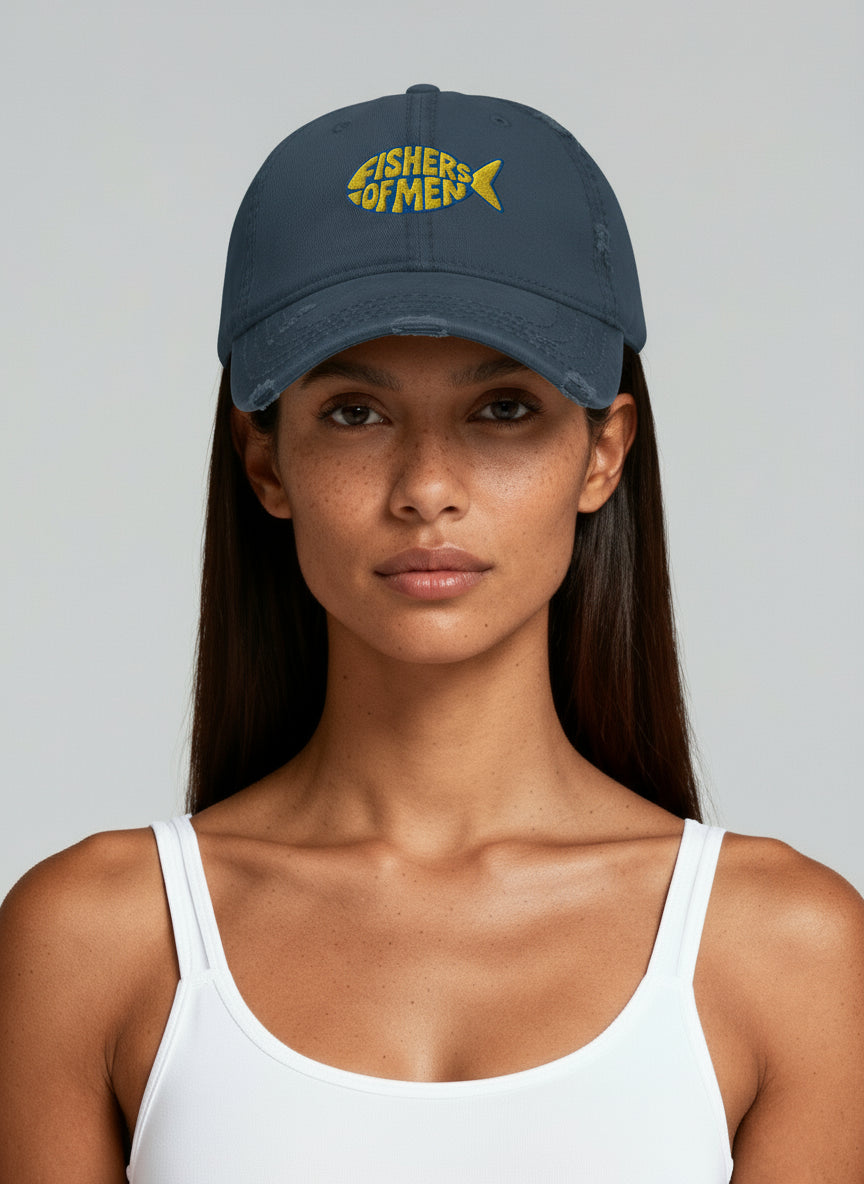 Distressed Navy Blue and Yellow "Fishers of Men" Dad Hat