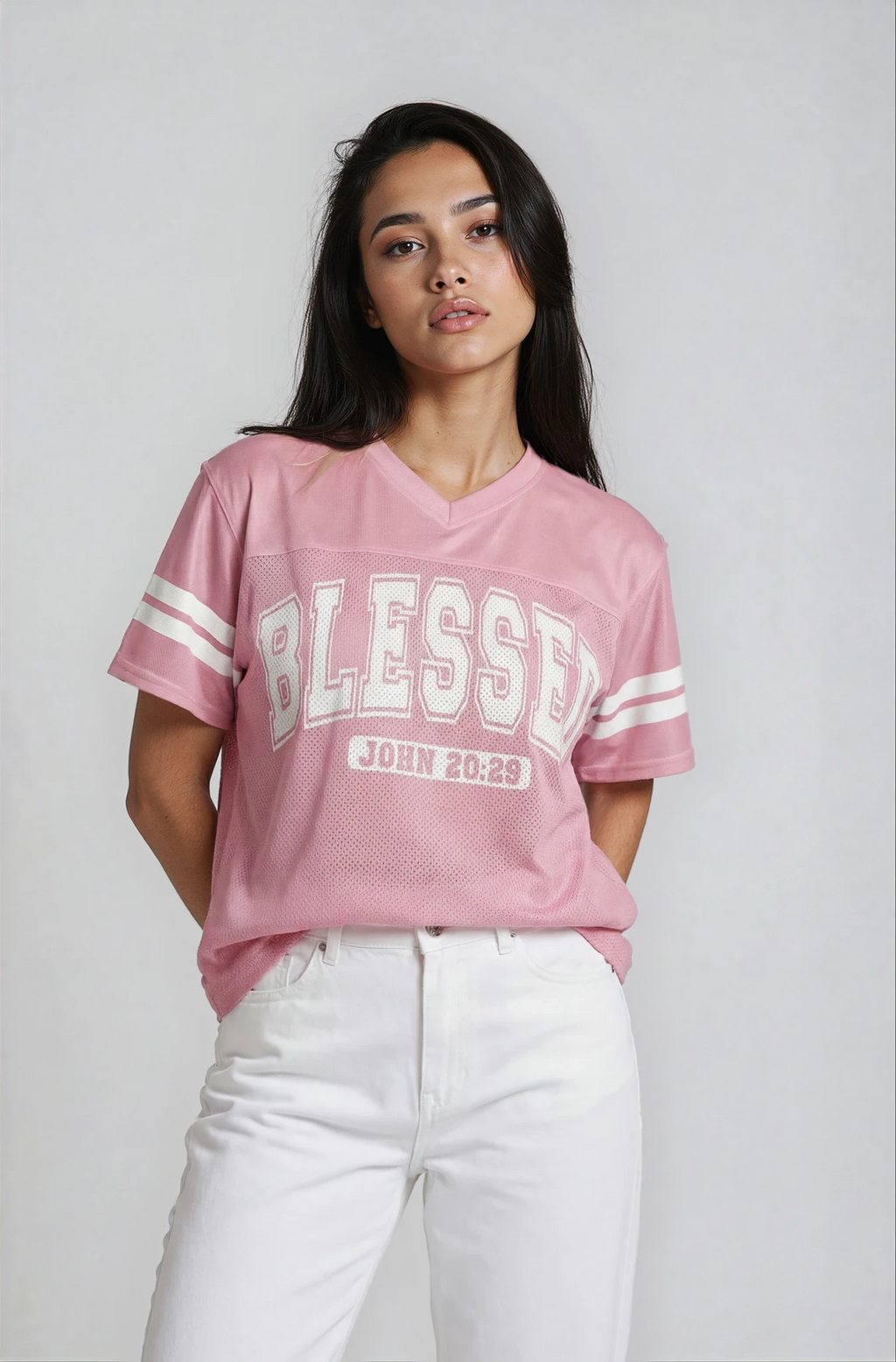 Pink Blessed Jersey – John 20:29 Faith-Inspired Streetwear