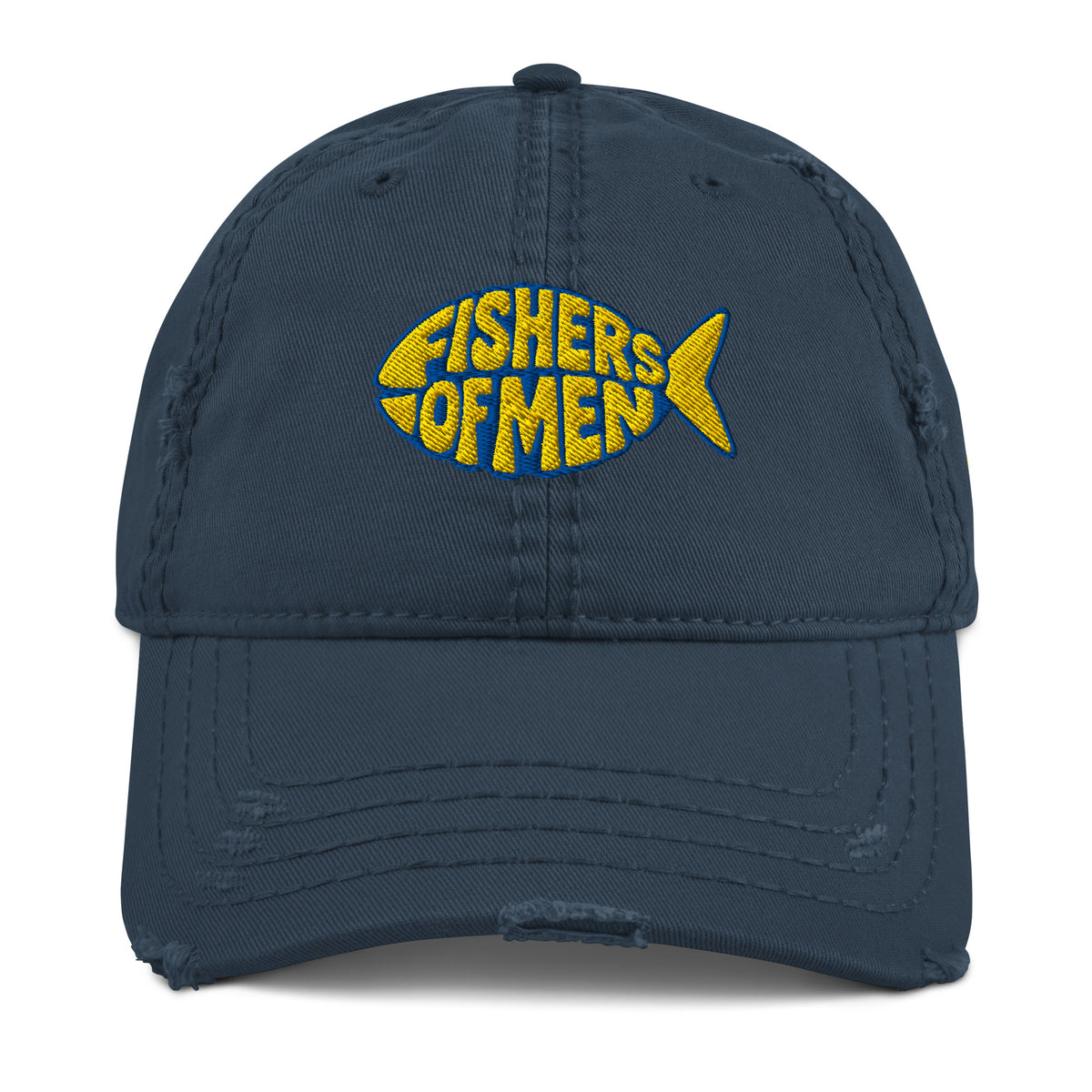 Distressed Navy Blue and Yellow "Fishers of Men" Dad Hat