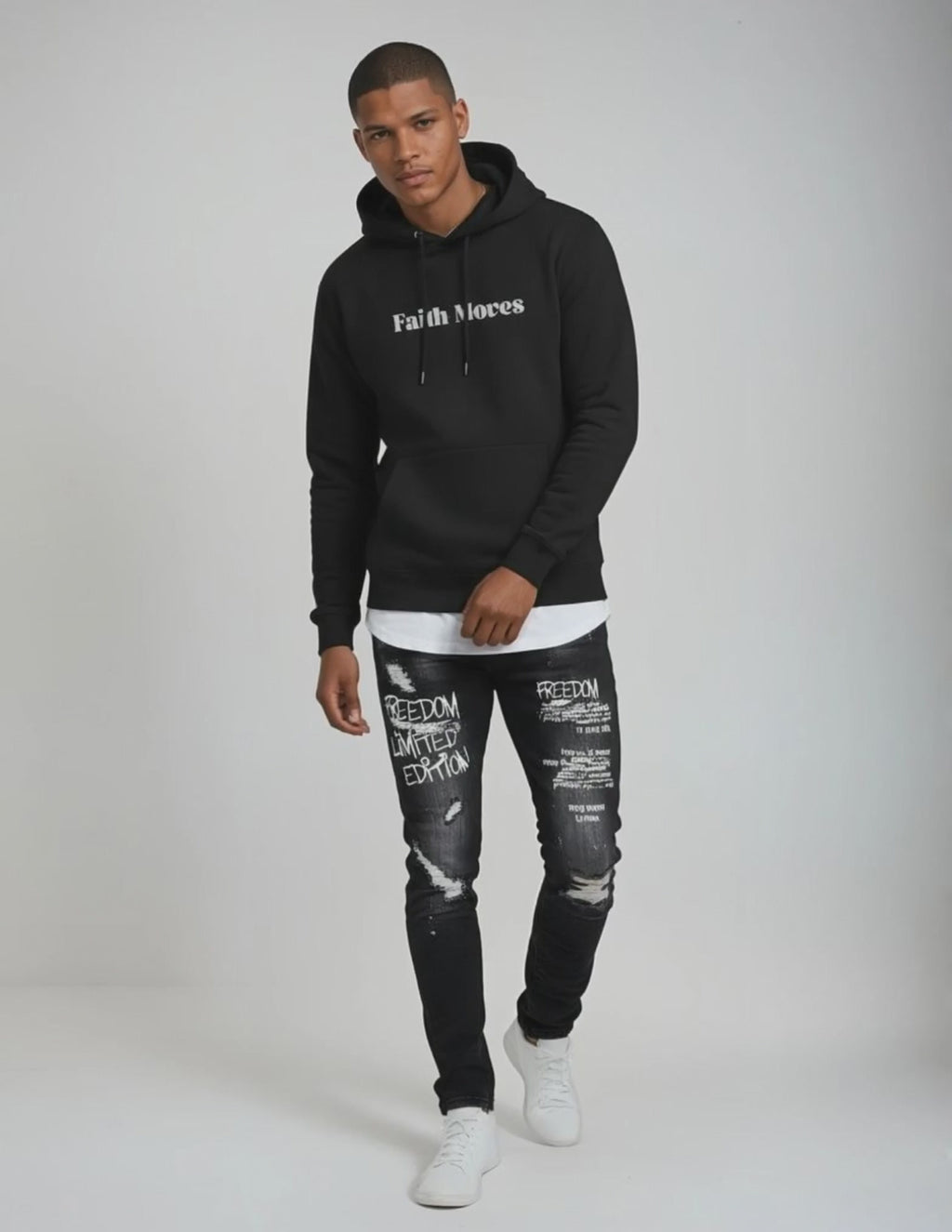 Unisex Black and White Faith Moves Hoodie