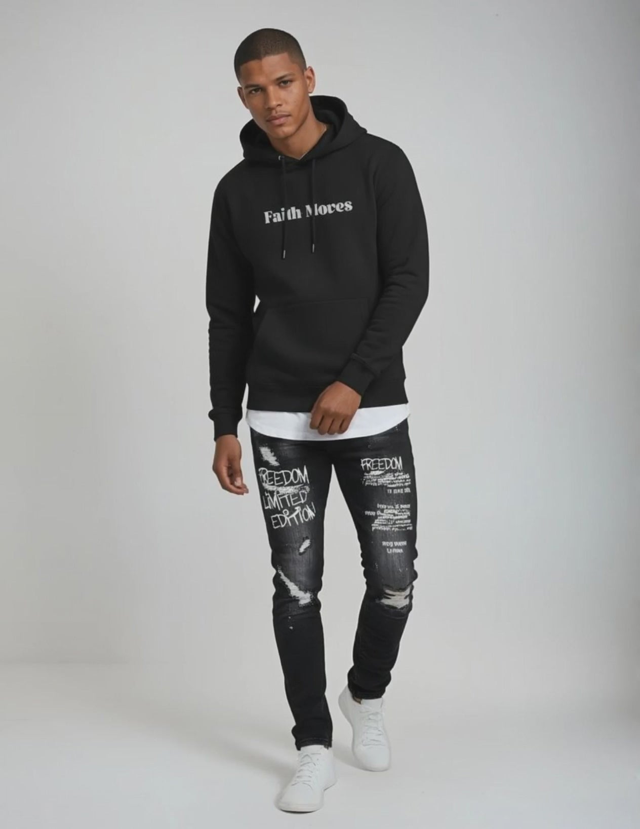 Unisex Black and White Faith Moves Hoodie