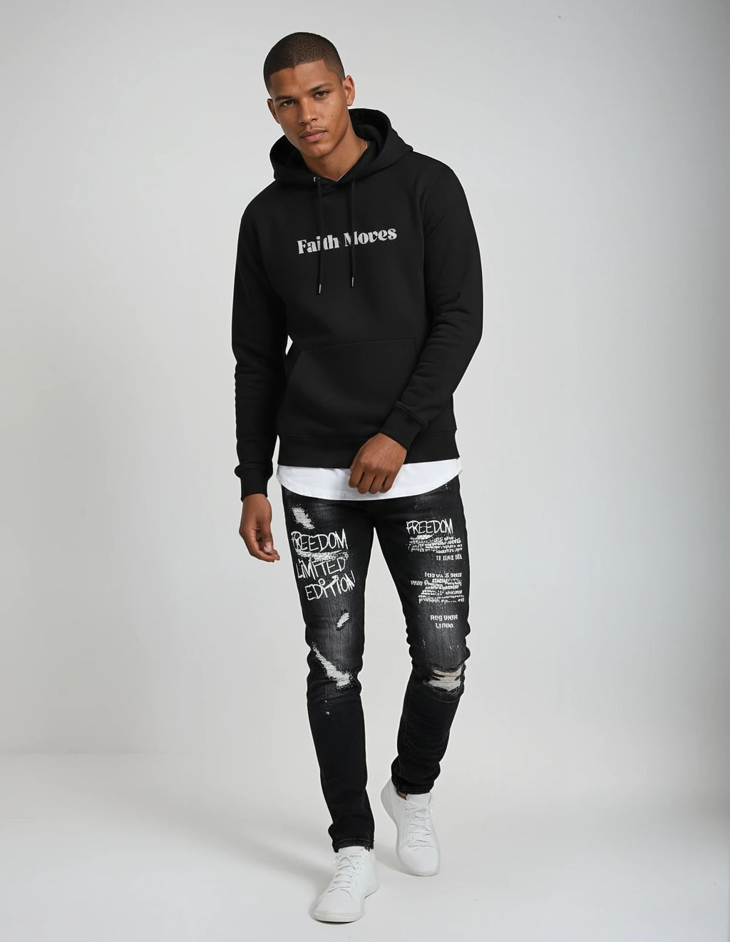 Unisex Black and White Faith Moves Hoodie