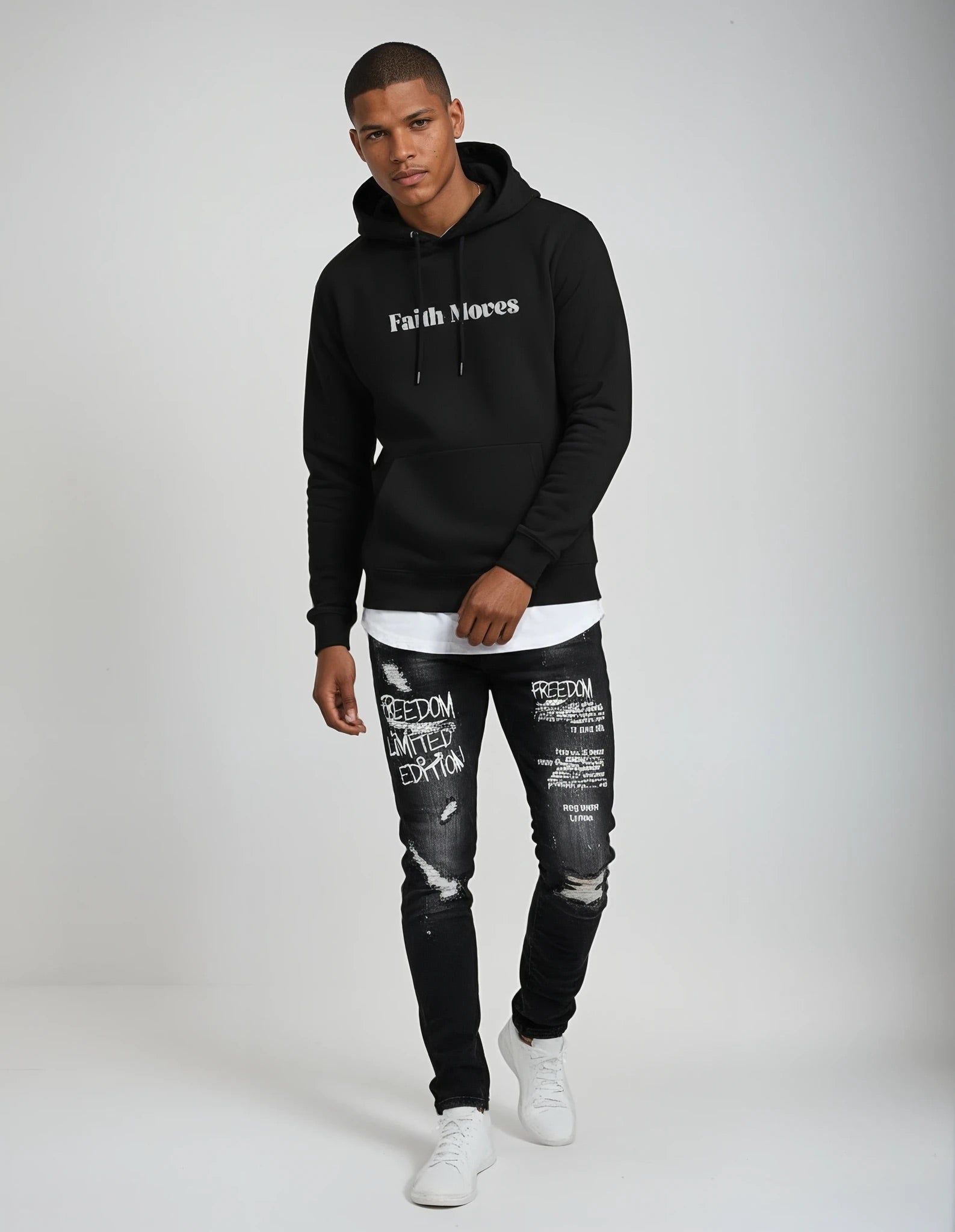 Unisex Black and White Faith Moves Hoodie